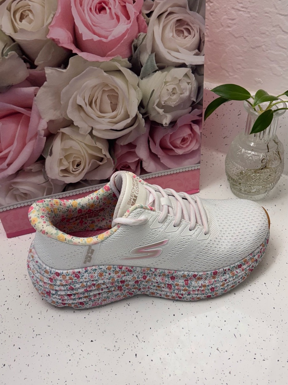 Skechers Women’s White Knit Sneakers with Pink Floral Midsole - Picture 4 of 8